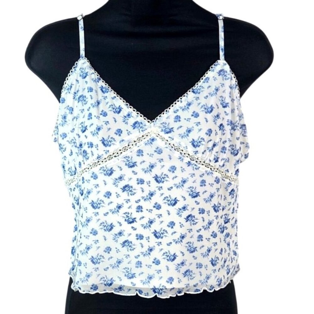 Abound Womens Sweet Mesh Lace Trim White & Blue Floral Camisole Top Lg NWT